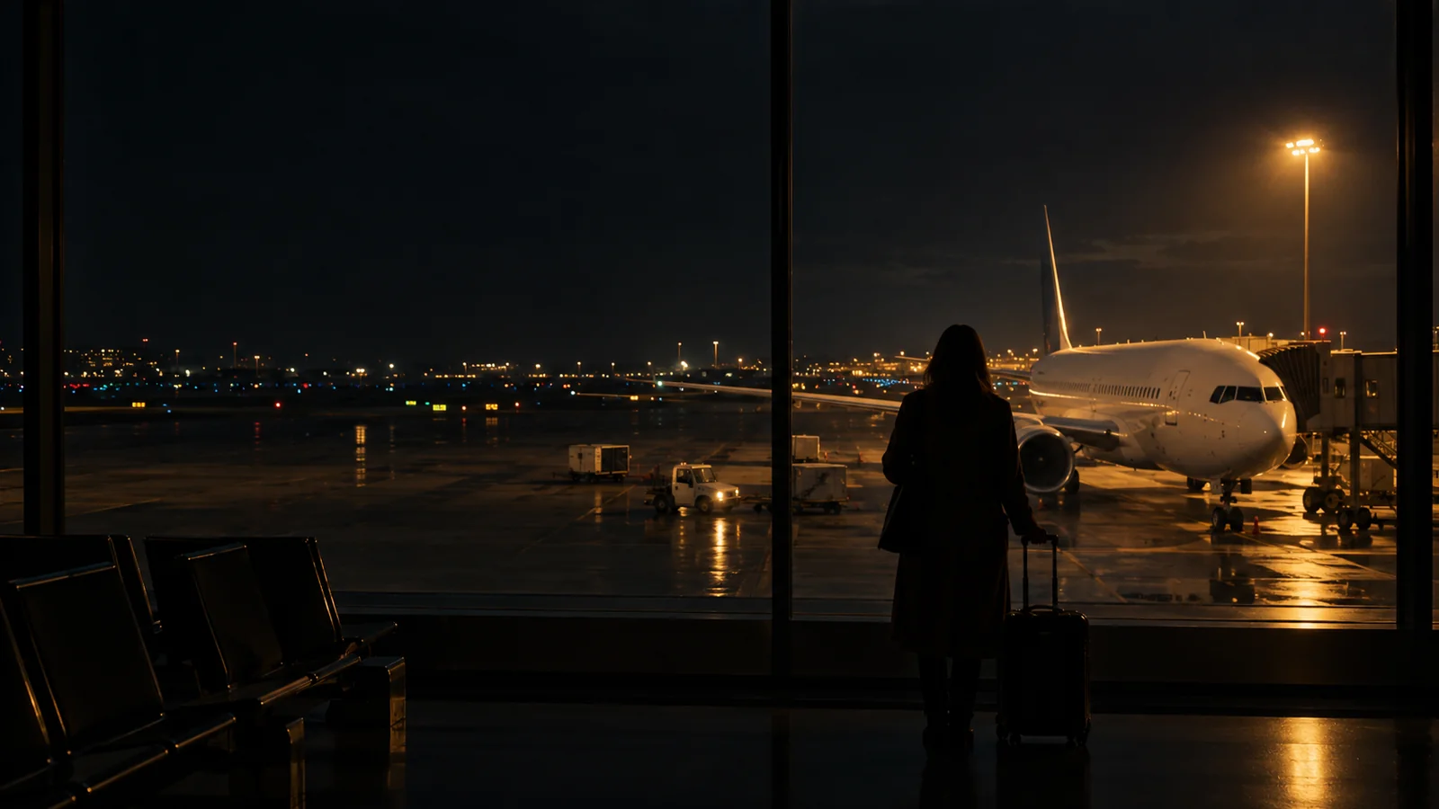 Illustration d'une voyageuse devant la baie vitrée d'un aéroport, près d'un avion.