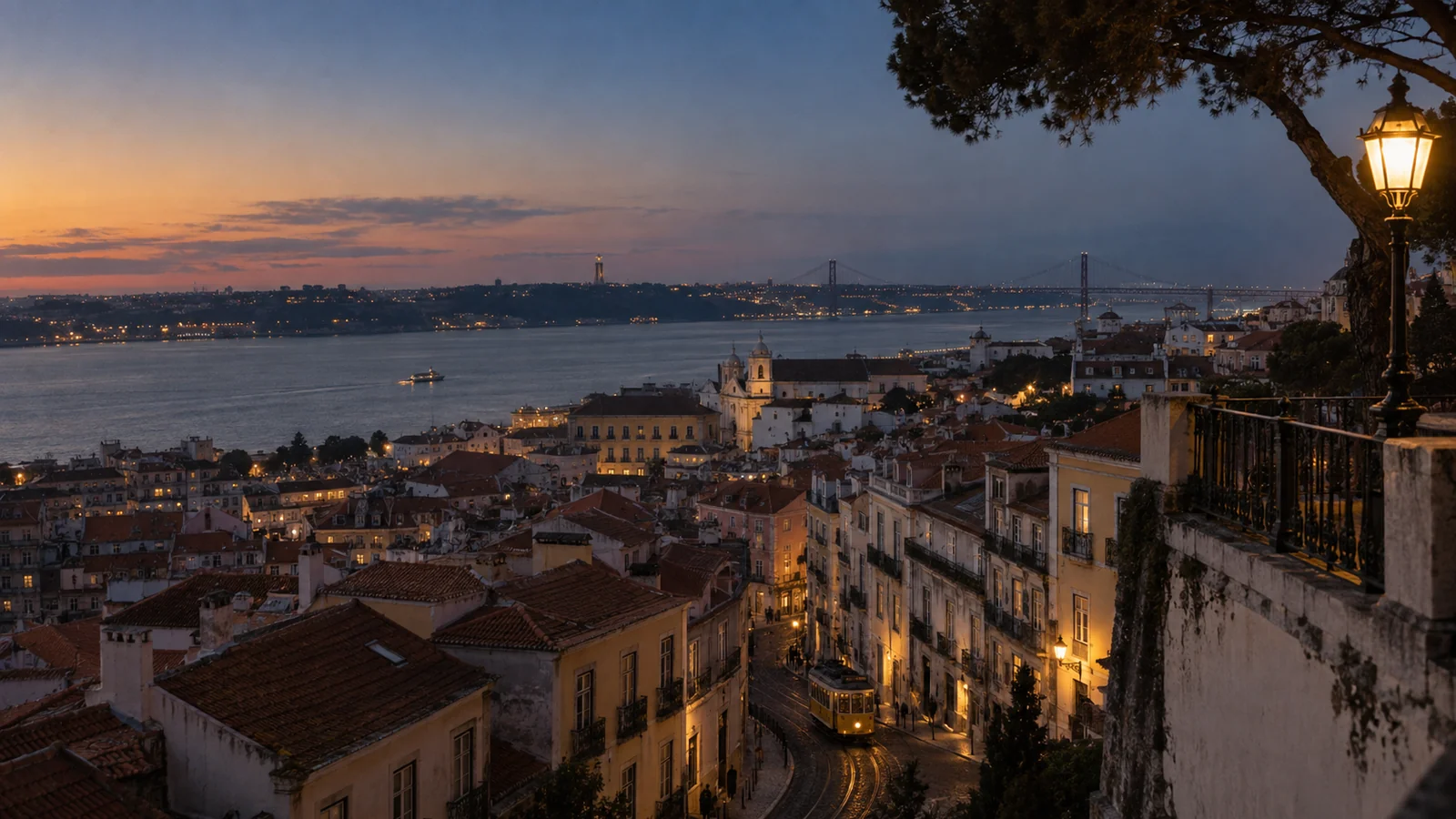 Illustration of Lisbon rooftops and a tram line at dusk beside the river.