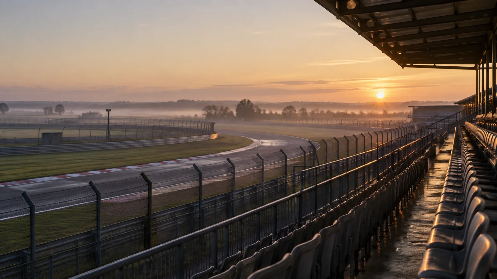 An empty generic race-circuit grandstand and track in early-morning mist