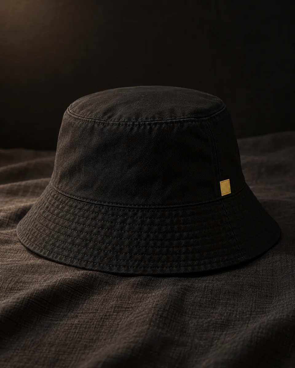 Black bucket hat, cover view.
