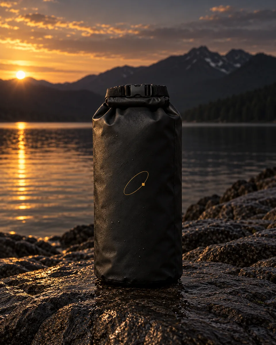 Black roll-top dry bag with a gold orbit, cover view.