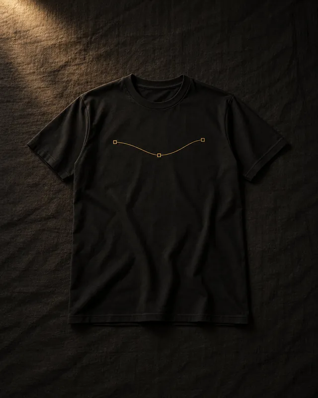 T-shirt noir avec une ligne dorée reliant trois carrés, vue principale.