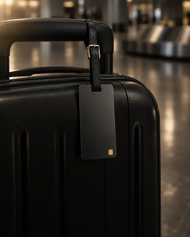 Étiquette à bagage en métal avec une lanière noire, finition Nuit, noir mat, vue principale.