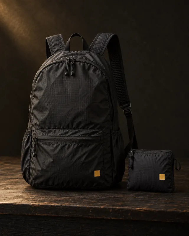 Sac à dos noir pliable avec une étiquette carrée dorée, vue principale.
