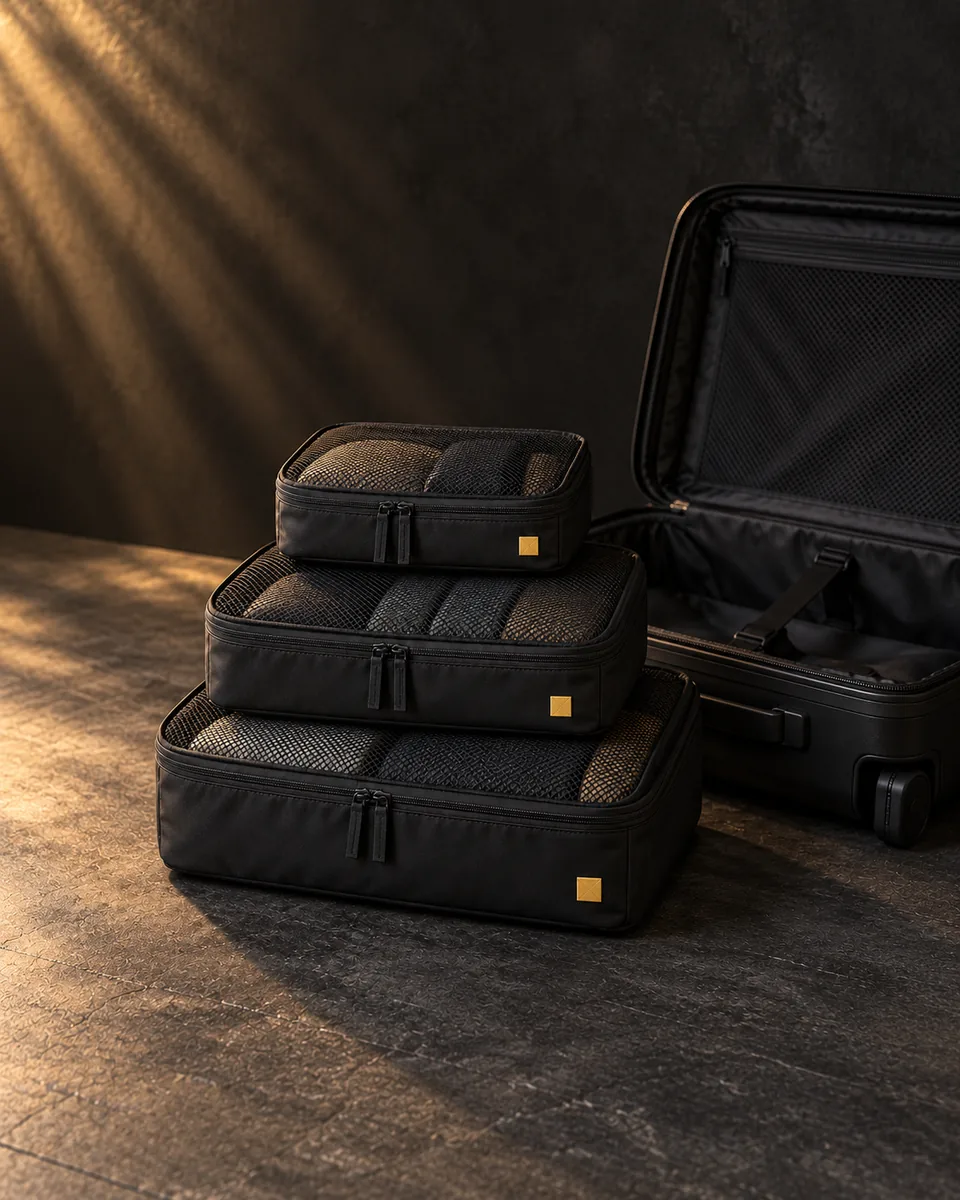 Black mesh-top packing cubes with gold square labels, cover view.