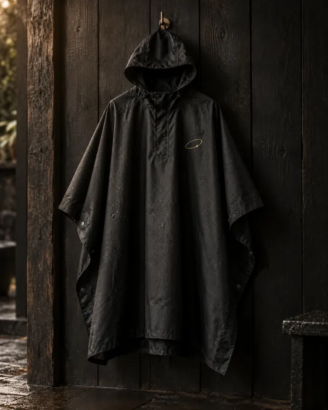 Poncho de pluie noir avec une orbite dorée, vue principale.