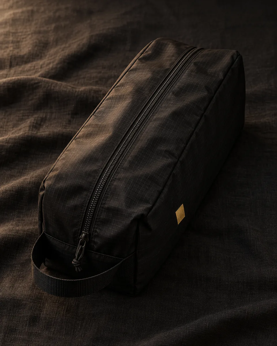 Sac à chaussures de voyage noir zippé, vue principale.