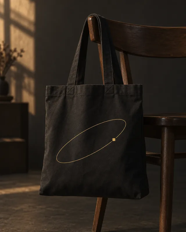 Tote bag noir en toile avec une fine orbite dorée, vue principale.