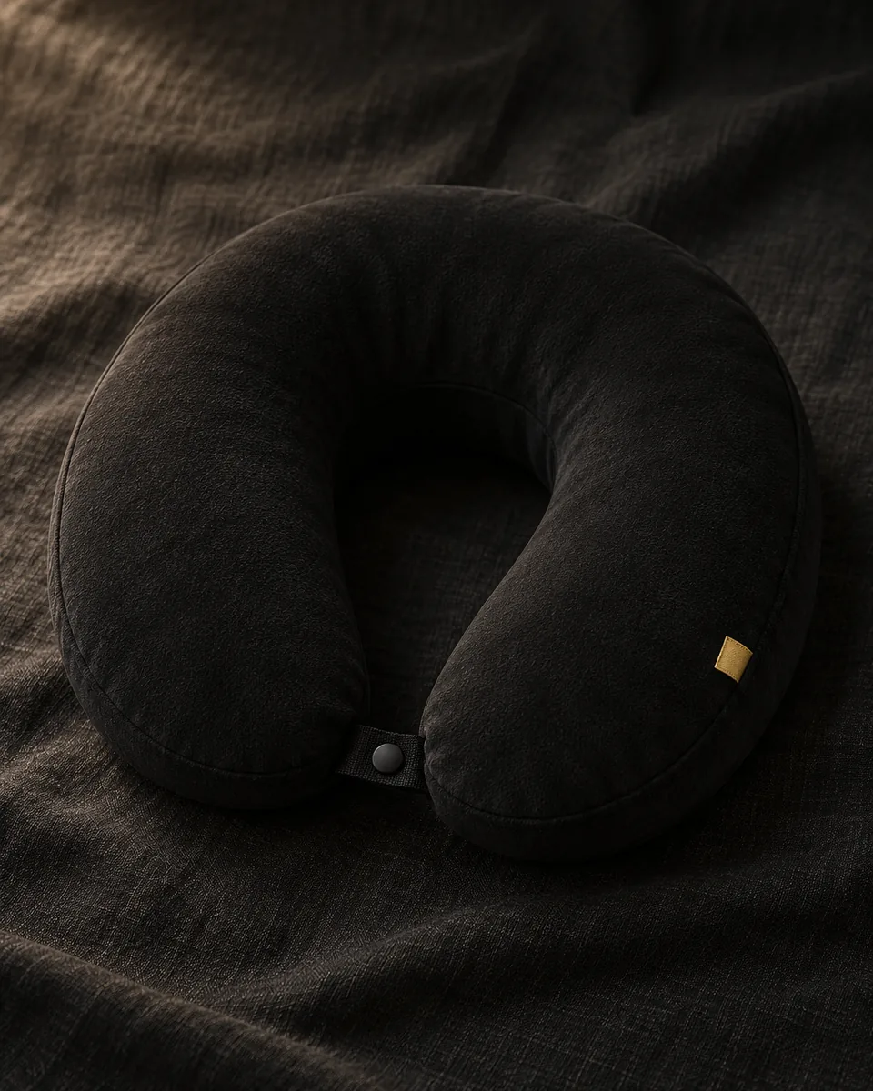 Coussin de voyage noir en forme de U, vue principale.
