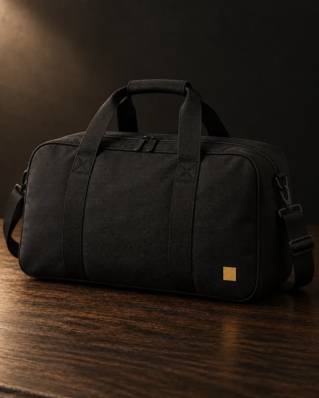 Sac de voyage Portal Weekender noir avec une petite étiquette carrée dorée, vue principale du sac fermé.