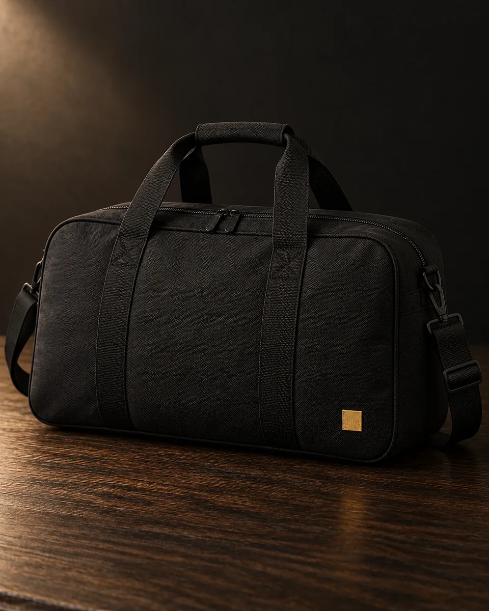 Black Portal weekender duffel with a small gold woven square label, closed cover view.