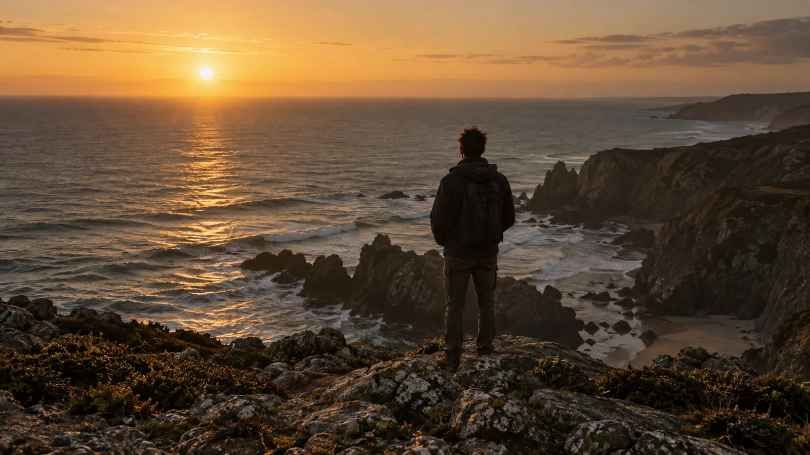 Traveller on a rocky headland watching the sun set over the Atlantic