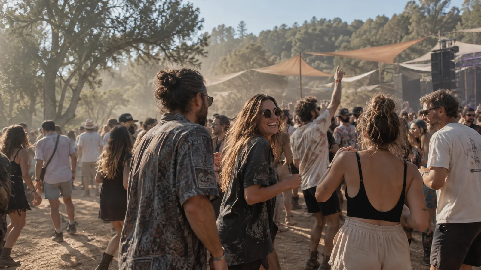 Scène d’illustration : des amis dansent au soleil lors d’un festival d’été en plein air, sous des voiles d’ombrage entre les arbres