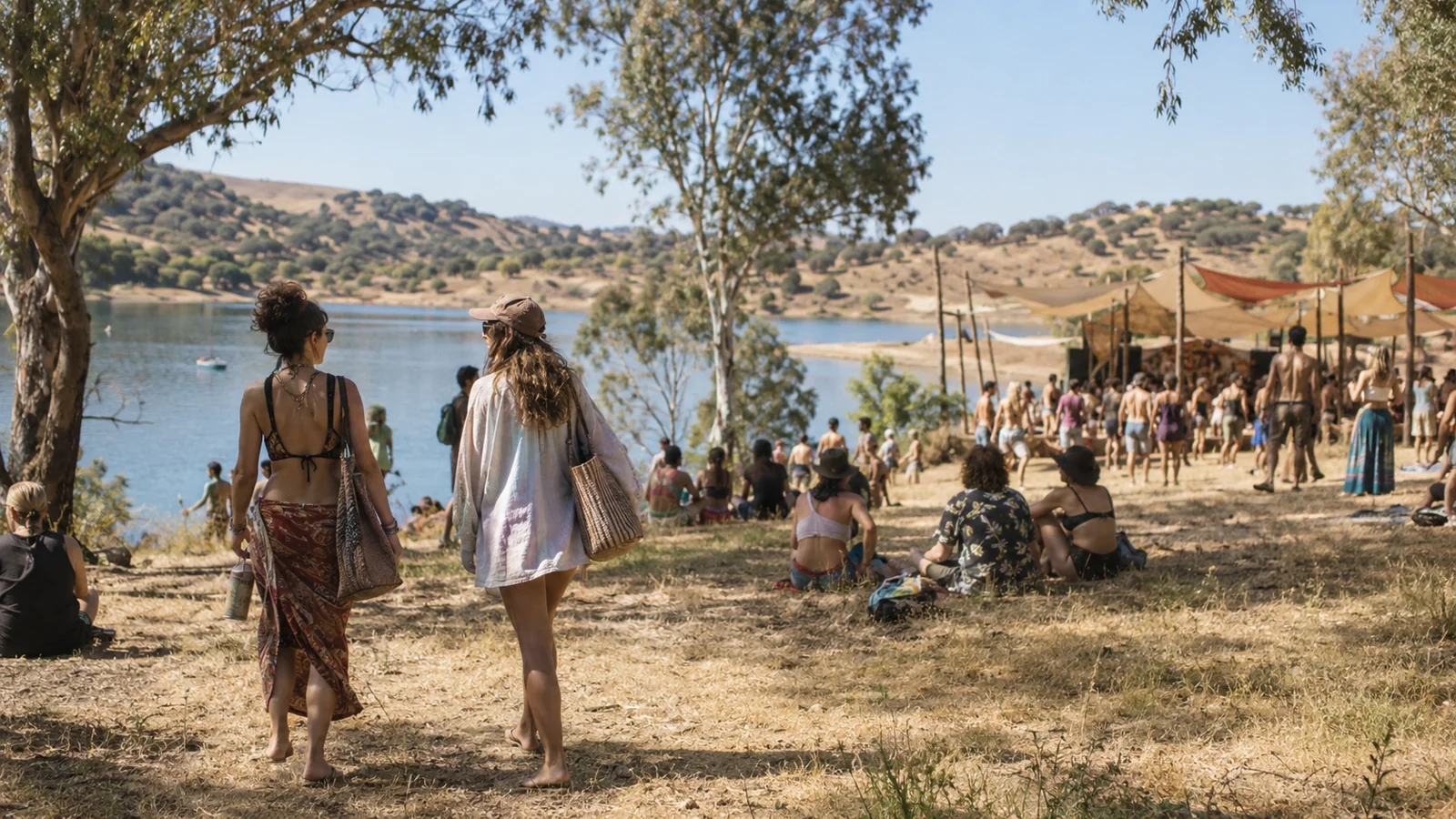 Scène d’illustration : des festivaliers descendent une colline sèche vers une piste de danse au bord d’un lac, sous des voiles d’ombrage