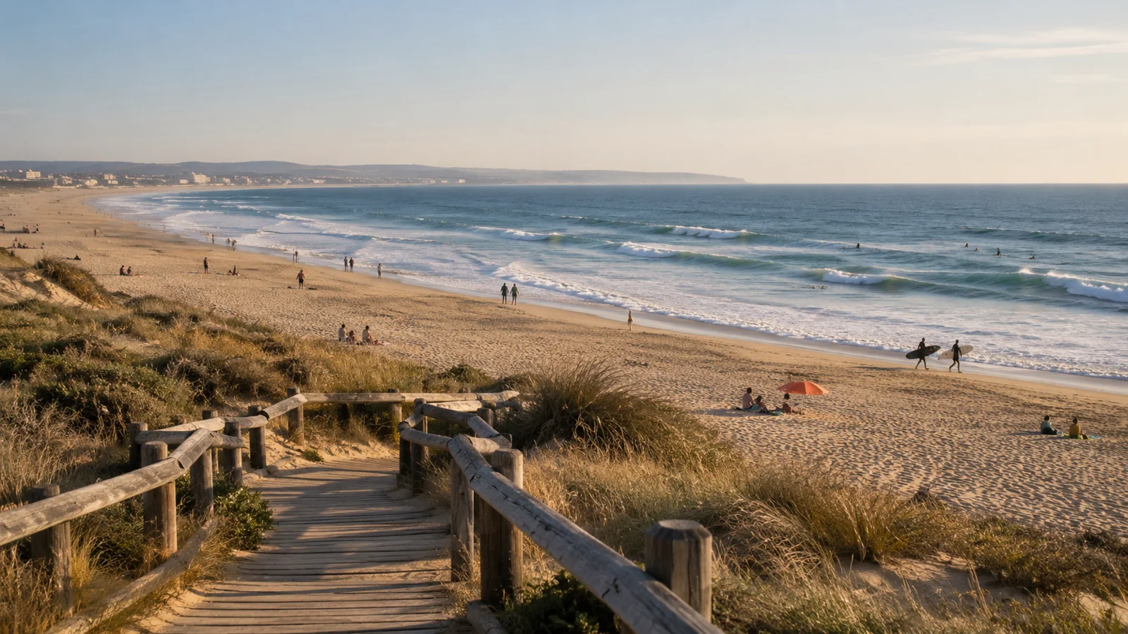 Vue d’illustration depuis une passerelle en bois dans les dunes, sur une longue plage atlantique avec surfeurs et promeneurs en fin d’après-midi